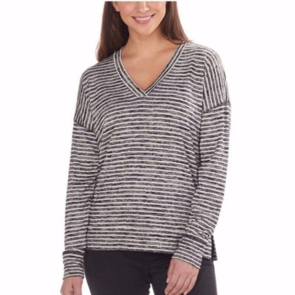 KS Long Sleeve Striped V-Neck Cozy Relaxed Top - NWT - Picture 1 of 3